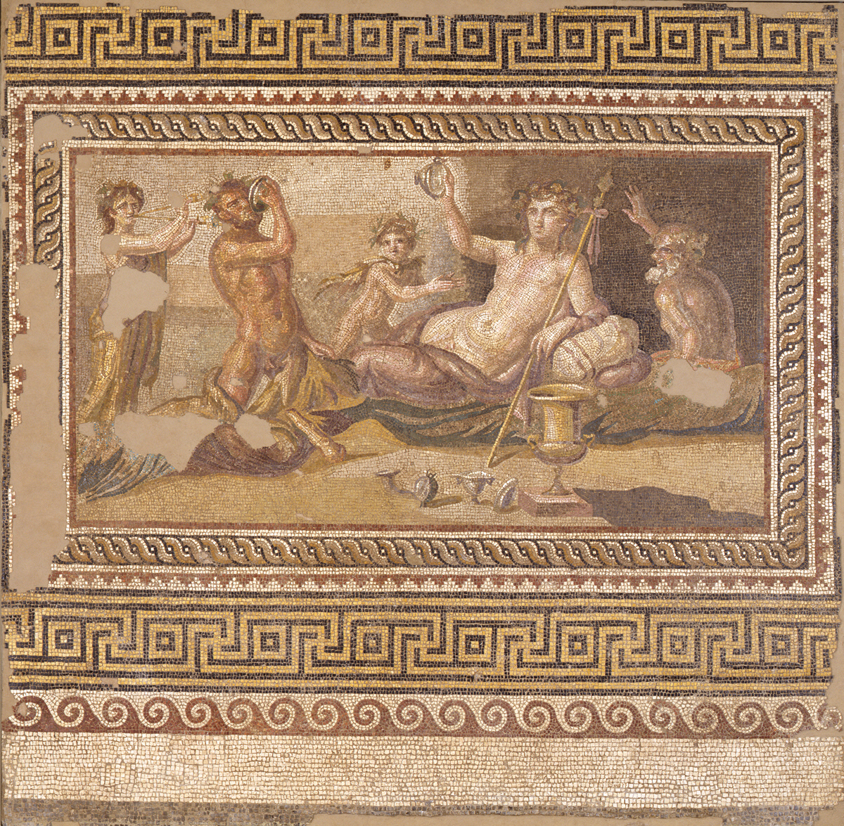 Mosaic drinking competition between Hercules and Bacchus